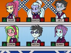 Size: 1600x1200 | Tagged: safe, artist:djgames, derpibooru import, jet set, lemon zest, neon lights, rising star, sour sweet, sugarcoat, sunny flare, equestria girls, clothes, crystal prep academy uniform, crystal prep shadowbolts, match game (game show), school uniform