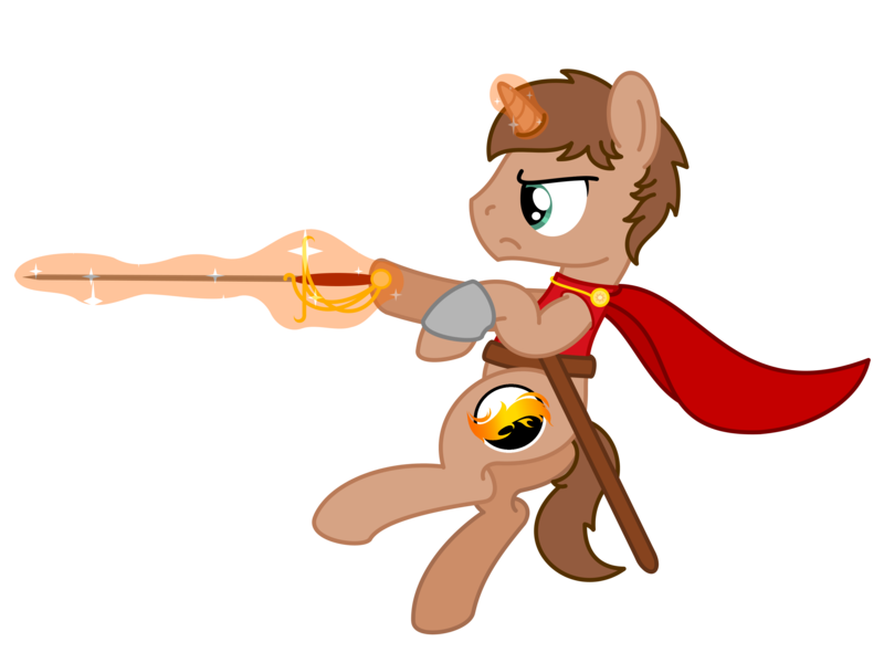 Size: 3200x2400 | Tagged: safe, artist:peternators, derpibooru import, oc, oc:heroic armour, unofficial characters only, pony, unicorn, brown fur, cape, clothes, cutie mark, magic, male, rapier, red mage, scabbard, solo, stallion, sword, weapon