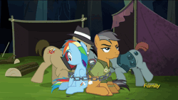 Size: 1286x724 | Tagged: safe, derpibooru import, screencap, biff, pickpocket, quibble pants, rainbow dash, pony, stranger than fan fiction, animated, chains, henchmen, loop, squeezing, the shadow