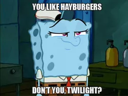 Size: 640x480 | Tagged: safe, derpibooru import, edit, rainbow dash, stranger than fan fiction, burger, faic, hay burger, image, image macro, just one bite, meme, png, rainbow dash is best facemaker, spongebob squarepants, spongebob squarepants (character)