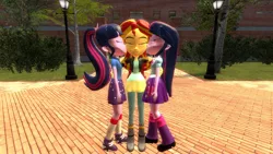 Size: 1360x768 | Tagged: safe, artist:mk513, derpibooru import, sci-twi, sunset shimmer, twilight sparkle, twilight sparkle (alicorn), equestria girls, 3d, female, gmod, kiss on the cheek, kiss sandwich, kissing, lesbian, ponytail, scitwishimmer, self paradox, shipping, shoes, sneakers, sunset twiangle, sunsetsparkle, twolight