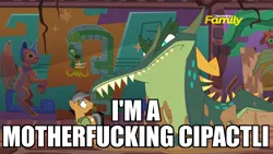 Size: 1280x720 | Tagged: safe, derpibooru import, edit, edited screencap, screencap, cipactli, quibble pants, alicorn, earth pony, pony, quetzalcoatl, serpent, stranger than fan fiction, aztec, discovery family logo, duo, image macro, male, meme, nostalgia critic, stallion, vulgar