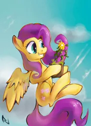 Size: 1700x2338 | Tagged: artist:alexandrvirus, derpibooru import, floating, flower, fluttershy, holding, looking at something, pot, potted plant, safe, sky, smiling, solo, spread wings