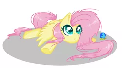 Size: 2768x1560 | Tagged: artist:coolmoonxx, chibi, clumsy, derpibooru import, fallen, fluttershy, looking up, lying down, safe, simple background, solo, spread wings