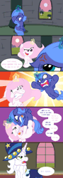 Size: 1020x2869 | Tagged: animated, artist:t-3000, cewestia, comic, cute, derpibooru import, dialogue, female, fight, filly, filly celestia, filly luna, insult, magic, moon, moon work, pink-mane celestia, princess celestia, princess luna, safe, siblings, speech bubble, star swirl the bearded, sun, sun work, unamused, woona, yelling, younger