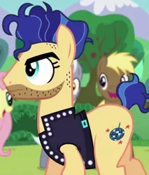 Size: 828x972 | Tagged: safe, derpibooru import, screencap, coco crusoe, disco fever, fluttershy, royal riff, earth pony, pony, the mane attraction, background pony, backup dancers, beard, clothes, facial hair, jacket, leather jacket, male, solo focus, stallion