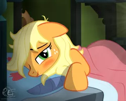 Size: 2000x1600 | Tagged: safe, artist:ponyecho, derpibooru import, part of a set, applejack, pony, bed hair, blushing, cute, female, floppy ears, freckles, hatless, jackabetes, mare, messy mane, missing accessory, morning ponies, one eye closed, ponyecho is trying to murder us, show accurate, smiling, solo, tired