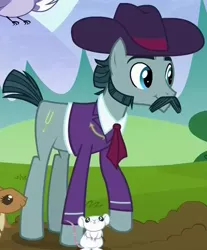 Size: 536x646 | Tagged: safe, derpibooru import, screencap, turner mccolt, earth pony, mouse, pony, season 5, the hooffields and mccolts, background pony, clothes, cropped, facial hair, hat, male, mccolt family, moustache, sideburns, solo, stallion