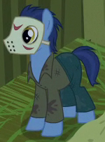 Size: 150x203 | Tagged: safe, derpibooru import, screencap, grayson eddy, pony, scare master, background pony, clothes, costume, delirious, friday the 13th, jason voorhees, male, nightmare night costume, stallion