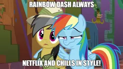 Size: 888x499 | Tagged: safe, derpibooru import, edit, edited screencap, screencap, daring do, rainbow dash, pegasus, pony, stranger than fan fiction, caption, faic, female, innuendo, mare, netflix and chill, rainbow dash is best facemaker, smug, smugdash