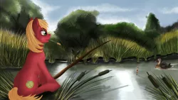 Size: 1920x1080 | Tagged: safe, artist:dezdark, derpibooru import, big macintosh, earth pony, pony, fishing, male, scenery, solo, stallion