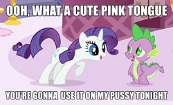 Size: 744x452 | Tagged: suggestive, derpibooru import, edit, edited screencap, screencap, rarity, spike, dragon, pony, unicorn, caption, female, image macro, implied cunnilingus, implied foalcon, implied oral, implied sex, male, mare, meme, shipping, sparity, straight, tongue out