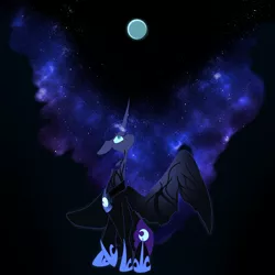 Size: 2000x2000 | Tagged: safe, artist:lunar-march, derpibooru import, nightmare moon, princess luna, alicorn, pony, looking up, moon, sitting, solo, spread wings, transformation