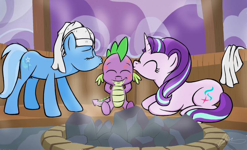 Size: 2229x1356 | Tagged: safe, artist:oinktweetstudios, derpibooru import, spike, starlight glimmer, trixie, pony, unicorn, coal, cute, cutie mark, diatrixes, female, glimmerbetes, kiss mark, kissing, lipstick, male, mare, ponyville spa, sauna, shipping, spa, sparlight, sparlixie, spikabetes, spike gets all the mares, spikelove, spixie, steam, straight, towel