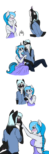 Size: 1024x3180 | Tagged: safe, artist:blackblood-queen, derpibooru import, oc, oc:bubble lee, oc:imago, oc:mako, unofficial characters only, anthro, hybrid, orca pony, original species, unicorn, anthro oc, blushing, breasts, comic, cute, date, female, kissing, makolee, male, oc x oc, shipping, sideboob, straight