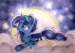 Size: 1024x722 | Tagged: safe, artist:moonlight-ki, derpibooru import, princess luna, alternate hairstyle, cloud, hairband, jewelry, moon, necklace, prone, solo, traditional art