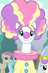 Size: 712x1080 | Tagged: safe, derpibooru import, screencap, alula, candy mane, coco crusoe, lyra heartstrings, unnamed pony, pony, simple ways, background pony, clown, male, solo focus, stallion