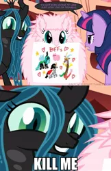 Size: 622x960 | Tagged: artist:mixermike622, derpibooru import, discord, edit, gritted teeth, image macro, kill me, king sombra, meme, oc, oc:fluffle puff, queen chrysalis, safe, tumblr:ask fluffle puff, twilight sparkle