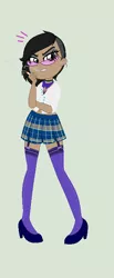 Size: 306x742 | Tagged: suggestive, artist:obeliskgirljohanny, derpibooru import, oc, oc:witch hazel, unofficial characters only, equestria girls, base used, buzzcut, cigarette, clothes, curvy, garter belt, glasses, high heels, humanized, looking at you, school uniform, smoking, sneering, stockings