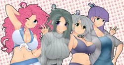 Size: 3800x2000 | Tagged: adorasexy, armpits, artist:magico-enma, belly button, big breasts, breasts, busty limestone pie, busty marble pie, busty maud pie, busty pie sisters, busty pinkie pie, cleavage, clothes, cute, derpibooru import, diapinkes, female, front knot midriff, human, humanized, licking, licking lips, limestone pie, marble pie, maud pie, midriff, one eye closed, pie sisters, pinkie pie, pointy ponies, sexy, siblings, sisters, smiling, suggestive, sweater, when she smiles, wink