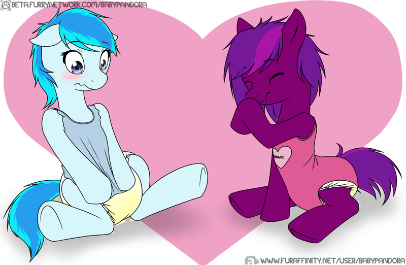 Size: 1400x914 | Tagged: adult foal, artist:babypandora, blushing, cute, derpibooru import, diaper, diaper fetish, embarrassed, leaking, leaky diaper, oc, oc:snowie, oc:sora, onesie, questionable, unofficial characters only, urine, wet diaper