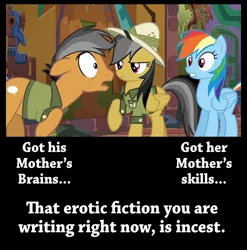 Size: 580x587 | Tagged: safe, derpibooru import, edit, edited screencap, screencap, daring do, quibble pants, rainbow dash, earth pony, pegasus, pony, stranger than fan fiction, clothes, fan theory, female, hat, implied incest, insane fan theory, male, mare, meme, pith helmet, stallion