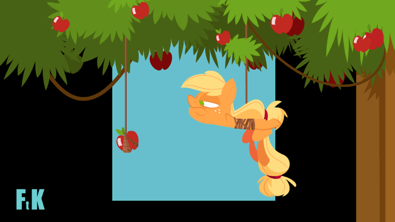 Size: 960x540 | Tagged: safe, artist:fluttershythekind, derpibooru import, applejack, earth pony, pony, animated, apple, applejack is not amused, female, food, hatless, lidded eyes, mare, missing accessory, no pupils, rope, silly, silly pony, solo, that pony sure does love apples, tied up, tree, unamused, who's a silly pony