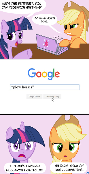 Size: 2550x4950 | Tagged: applejack, artist:nuka-kitty, computer, confused, d:, derpibooru import, dexterous hooves, frown, google, gritted teeth, innuendo, internet, internet browser, :o, open mouth, pointing, research, science, smiling, suggestive, twilight sparkle, wide eyes