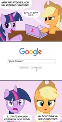 Size: 2550x4950 | Tagged: applejack, artist:nuka-kitty, computer, confused, d:, derpibooru import, dexterous hooves, frown, google, gritted teeth, innuendo, internet, internet browser, :o, open mouth, pointing, research, science, smiling, suggestive, twilight sparkle, wide eyes