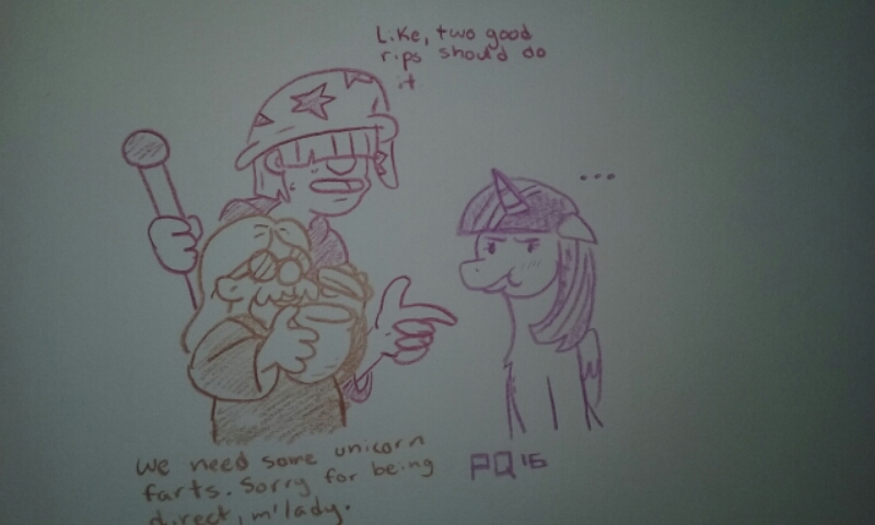 Size: 800x480 | Tagged: safe, artist:pony quarantine, derpibooru import, twilight sparkle, twilight sparkle (alicorn), alicorn, pony, 4chan, fart joke, hat, humans standing next to each other, milady, silly, this will end in tears and/or a journey to the moon, traditional art, trio, unicorn farts, wizard, wizard hat