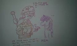 Size: 800x480 | Tagged: safe, artist:pony quarantine, derpibooru import, twilight sparkle, twilight sparkle (alicorn), alicorn, pony, 4chan, fart joke, hat, humans standing next to each other, milady, silly, this will end in tears and/or a journey to the moon, traditional art, trio, unicorn farts, wizard, wizard hat