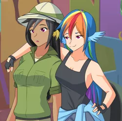 Size: 1280x1269 | Tagged: :3, artist:jonfawkes, clothes, daring do, derpibooru import, faic, female, fingerless gloves, gloves, hat, human, humanized, not creepy, pants, rainbow dash, rainbow dash is best facemaker, safe, scene interpretation, shirt around waist, smug, smugdash, stranger than fan fiction, tanktop, wing ears