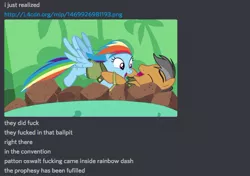 Size: 578x407 | Tagged: suggestive, derpibooru import, quibble pants, rainbow dash, pegasus, pony, stranger than fan fiction, ball pit, eyes closed, female, headcanon, implied sex, iwtcird, male, mare, meme, on back, open mouth, quibbledash, shipping, smiling, spread wings, stallion, straight, text, vulgar, wat
