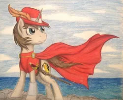 Size: 1304x1064 | Tagged: safe, artist:thefriendlyelephant, derpibooru import, oc, oc:heroic armour, unofficial characters only, pony, unicorn, cape, clothes, cloud, commission, feather, hat, ocean, red mage, regal, rock, sword, traditional art, weapon