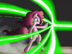 Size: 1000x750 | Tagged: dead source, safe, artist:firebrandkun, derpibooru import, pinkie pie, pony, badass, bipedal, blocking, energy blast, hotblooded pinkie pie