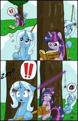 Size: 2142x3303 | Tagged: safe, artist:ciriliko, derpibooru import, trixie, twilight sparkle, pony, spider, unicorn, comic, creeper, female, mare, prank, the tables have turned, zas