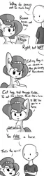 Size: 792x3168 | Tagged: safe, artist:tjpones, derpibooru import, oc, oc:brownie bun, oc:richard, unofficial characters only, horse wife, comic, confused, fluffy, frown, hay, horses doing horse things, lays, monochrome, open mouth, pointing, simple background, smiling, white background