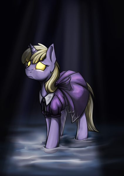 Size: 964x1367 | Tagged: safe, artist:28gooddays, derpibooru import, dinky hooves, pony, unicorn, bioshock, clothes, crepuscular rays, crossover, dark, dress, glowing eyes, little sister, sad, solo, water