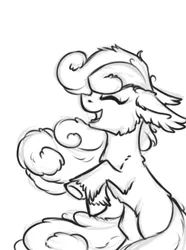 Size: 490x660 | Tagged: safe, artist:28gooddays, derpibooru import, bon bon, sweetie drops, earth pony, pony, cute, ear fluff, eyes closed, floppy ears, fluffy, happy, monochrome, open mouth, rearing, simple background, sketch, smiling, solo, unshorn fetlocks, white background