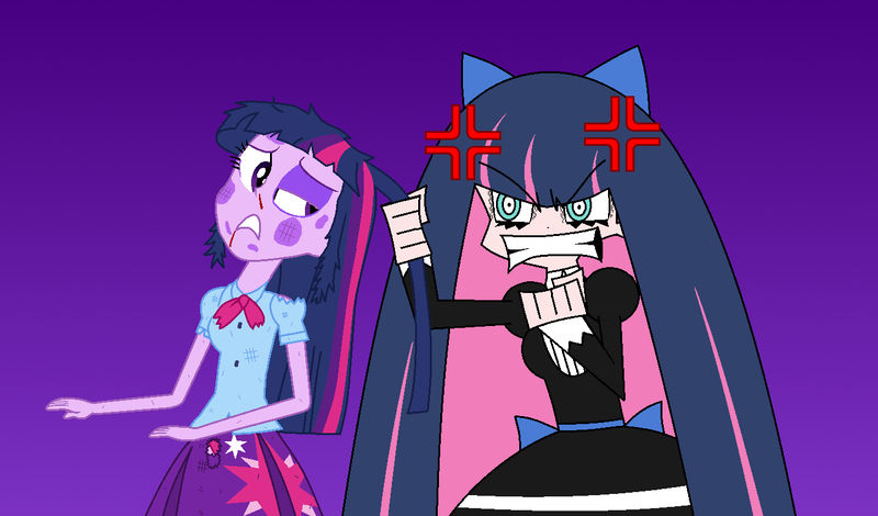 Size: 1356x796 | Tagged: semi-grimdark, artist:kitsonicko, artist:toonalexsora007, derpibooru import, twilight sparkle, human, equestria girls, abuse, anarchy stocking, angry, beaten up, black eye, blood, bow, bruised, clothes, cross-popping veins, crossover, emanata, female, hair bow, hair pulling, image, meme, messy hair, nosebleed, ouch, panties, panty and stocking with garterbelt, pink underwear, pleated skirt, png, purple background, rage, rage face, scared, shirt, simple background, skirt, torn clothes, twilybuse, underwear