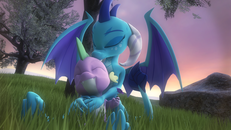 Size: 1920x1080 | Tagged: 3d, artist:shadamyfan4evers, cuddling, derpibooru import, dragon, emberspike, female, field, flower, male, princess ember, rock, romantic, safe, shipping, snuggling, source filmmaker, spike, straight, sunset