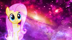 Size: 1920x1080 | Tagged: safe, artist:cosmocatcrafts, derpibooru import, fluttershy, pegasus, pony, female, galaxy, looking at you, mare, signature, solo, space, vector, wallpaper