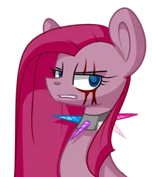 Size: 1024x1189 | Tagged: semi-grimdark, artist:despotshy, derpibooru import, pinkie pie, earth pony, pony, fanfic:cupcakes, bust, choker, gritted teeth, horn, lidded eyes, looking at you, pinkamena diane pie, portrait, scar, simple background, solo, spiked choker, transparent background