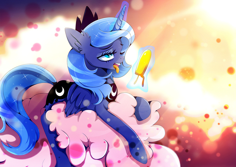 Size: 1920x1358 | Tagged: safe, artist:rariedash, derpibooru import, princess luna, alicorn, pony, cloud, ear fluff, female, food, glowing horn, ice cream, magic, mare, prone, s1 luna, solo, sun glare, telekinesis, tongue out