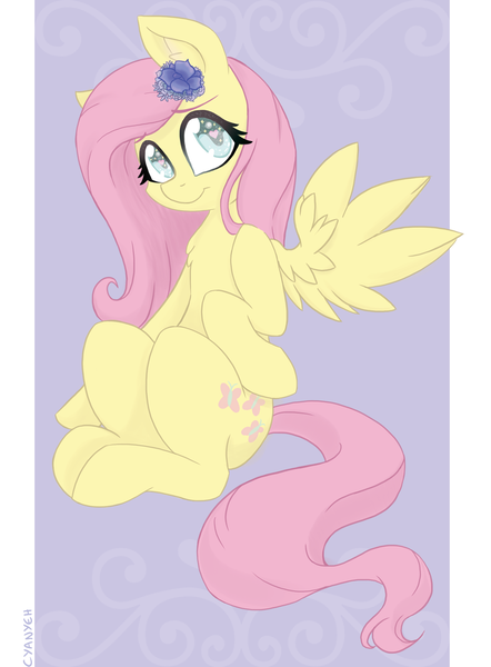 Size: 1024x1390 | Tagged: artist:cyanyeh, cute, derpibooru import, flower, flower in hair, fluttershy, looking at you, safe, sitting, solo