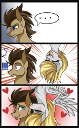 Size: 1000x1600 | Tagged: safe, artist:derpsonhooves, derpibooru import, derpy hooves, doctor whooves, time turner, pegasus, pony, doctorderpy, female, kissing, male, mare, shipping, straight, surprised, upside down