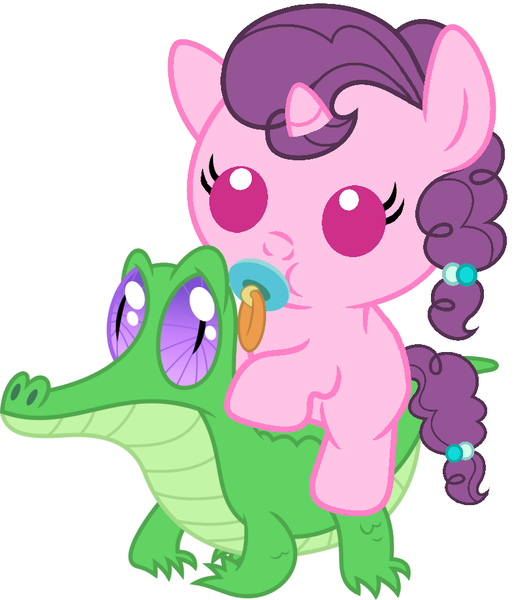 Size: 786x917 | Tagged: safe, artist:red4567, derpibooru import, gummy, sugar belle, pony, :t, baby, baby pony, cute, pacifier, ponies riding gators, puffy cheeks, riding, simple background, sugarbetes, weapons-grade cute, white background