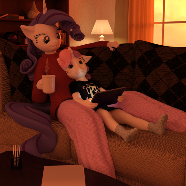 Size: 2500x2500 | Tagged: 3d, anthro, artist:tahublade7, clothes, coffee, comfy, creeper, daz studio, derpibooru import, feet, minecraft, oversized clothes, oversized shirt, plantigrade anthro, rarity, safe, shirt, socks, sweetie belle, tablet, t-shirt