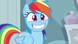 Size: 1280x720 | Tagged: safe, derpibooru import, screencap, rainbow dash, pegasus, pony, stranger than fan fiction, cute, dashabetes, female, grin, happy, mare, smiling, solo