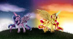 Size: 4000x2130 | Tagged: safe, artist:gaelledragons, derpibooru import, sunset shimmer, twilight sparkle, twilight sparkle (alicorn), alicorn, pony, alicornified, cloud, crown, duo, ethereal mane, eyes closed, female, hoof shoes, jewelry, magic, mare, moon, moonrise, older, peytral, race swap, regalia, shimmercorn, split sky, spread wings, starry mane, stars, sun, sunset, twilight (astronomy), ultimate twilight